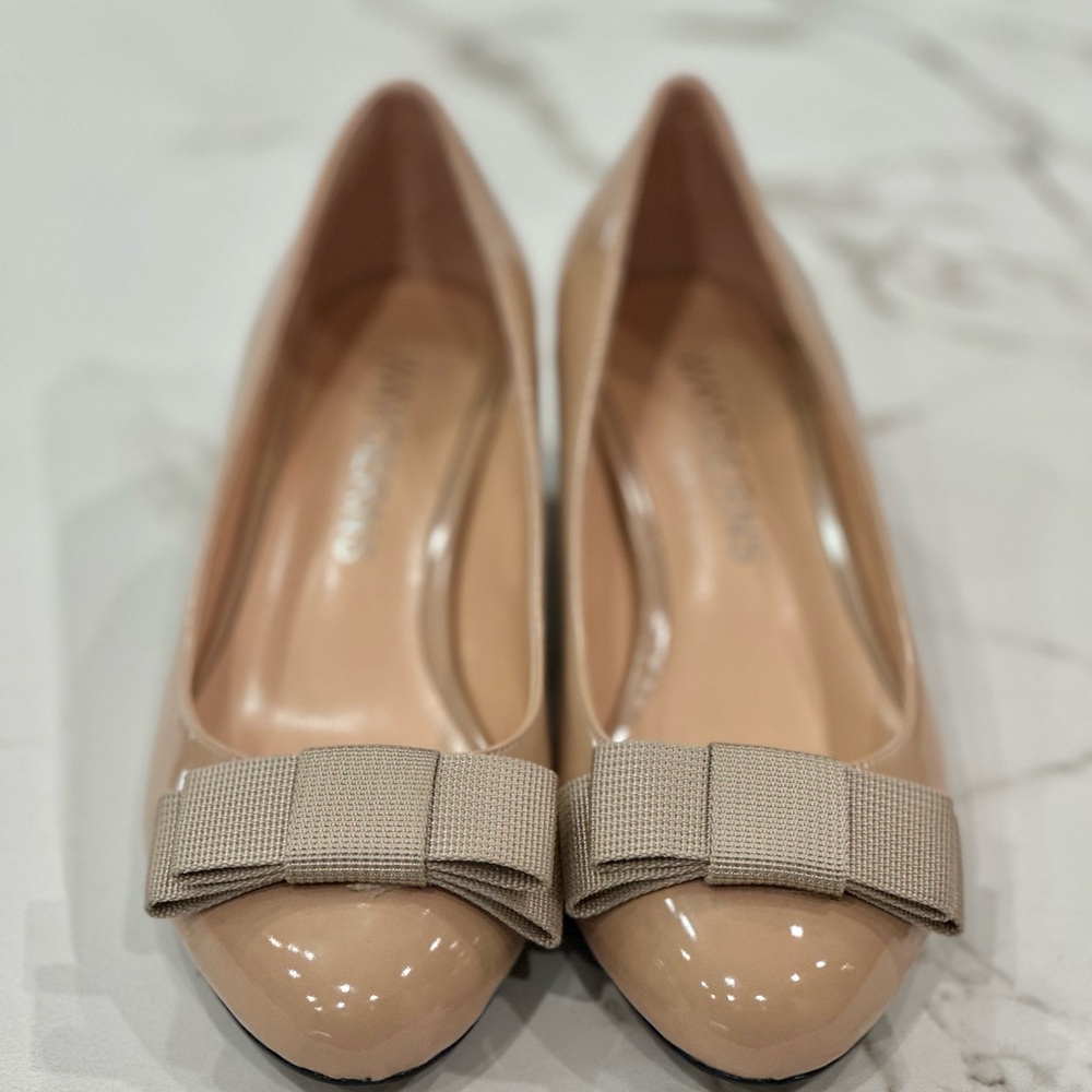 Patent Leather Bow Slip On Round Toe Chunky Low Heel Pumps Shoes 1.5 Inch